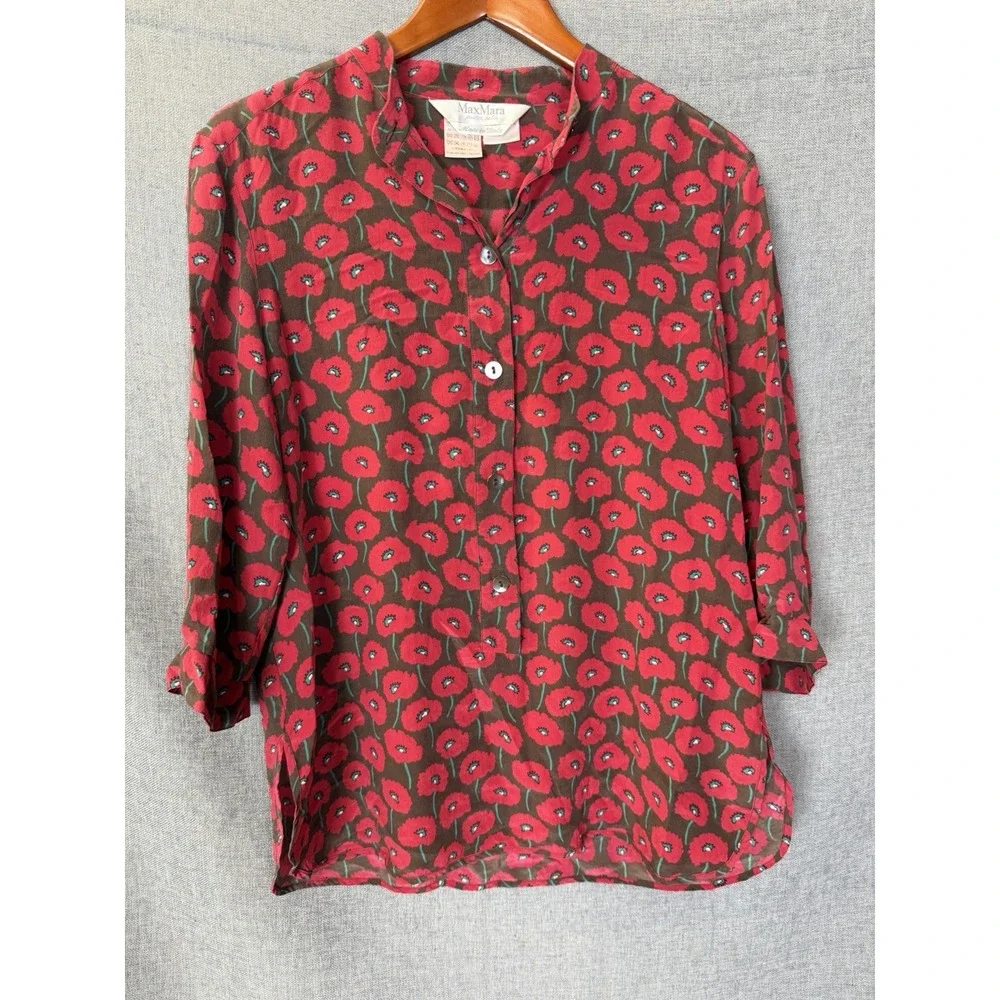 Vintage Max Mara Sz 12 Red Poppy Floral Print Silk Italy 3/4 Button Blouse Top